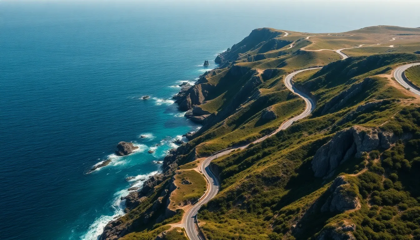 Coastal Road Aerial View on Rocky Cliffs