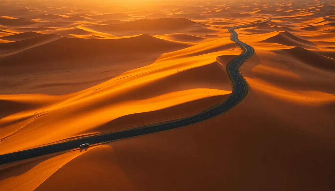 Desert Road Winding Through Golden Sand Dunes