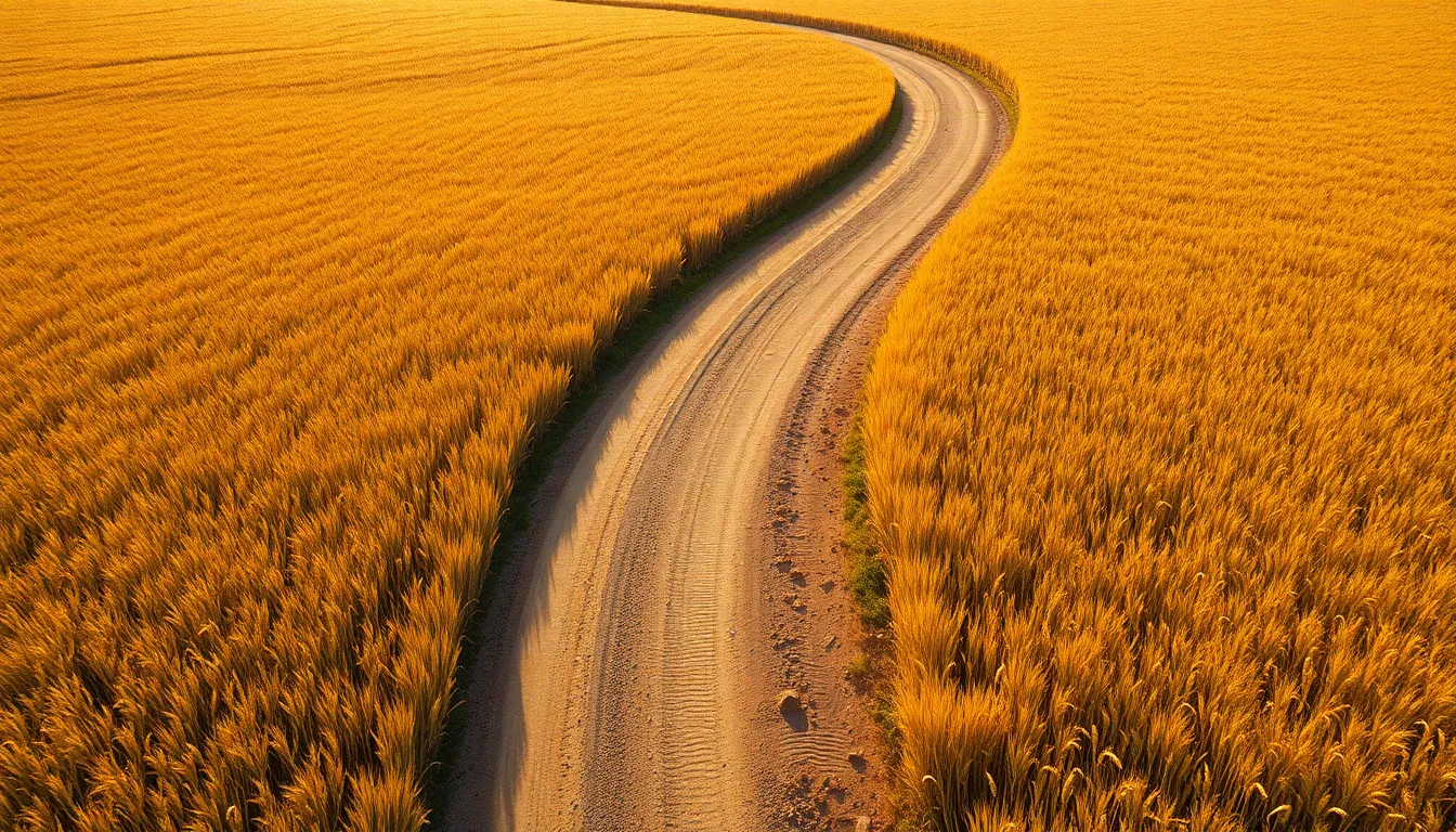 Aerial View of Winding Dirt Road in Wheat Field