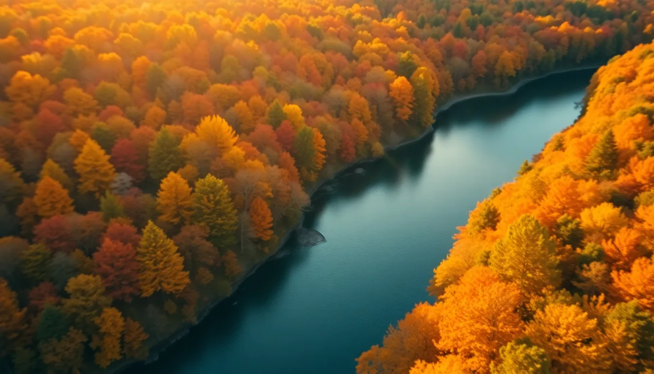 Stunning Autumn Aerial View of Winding River