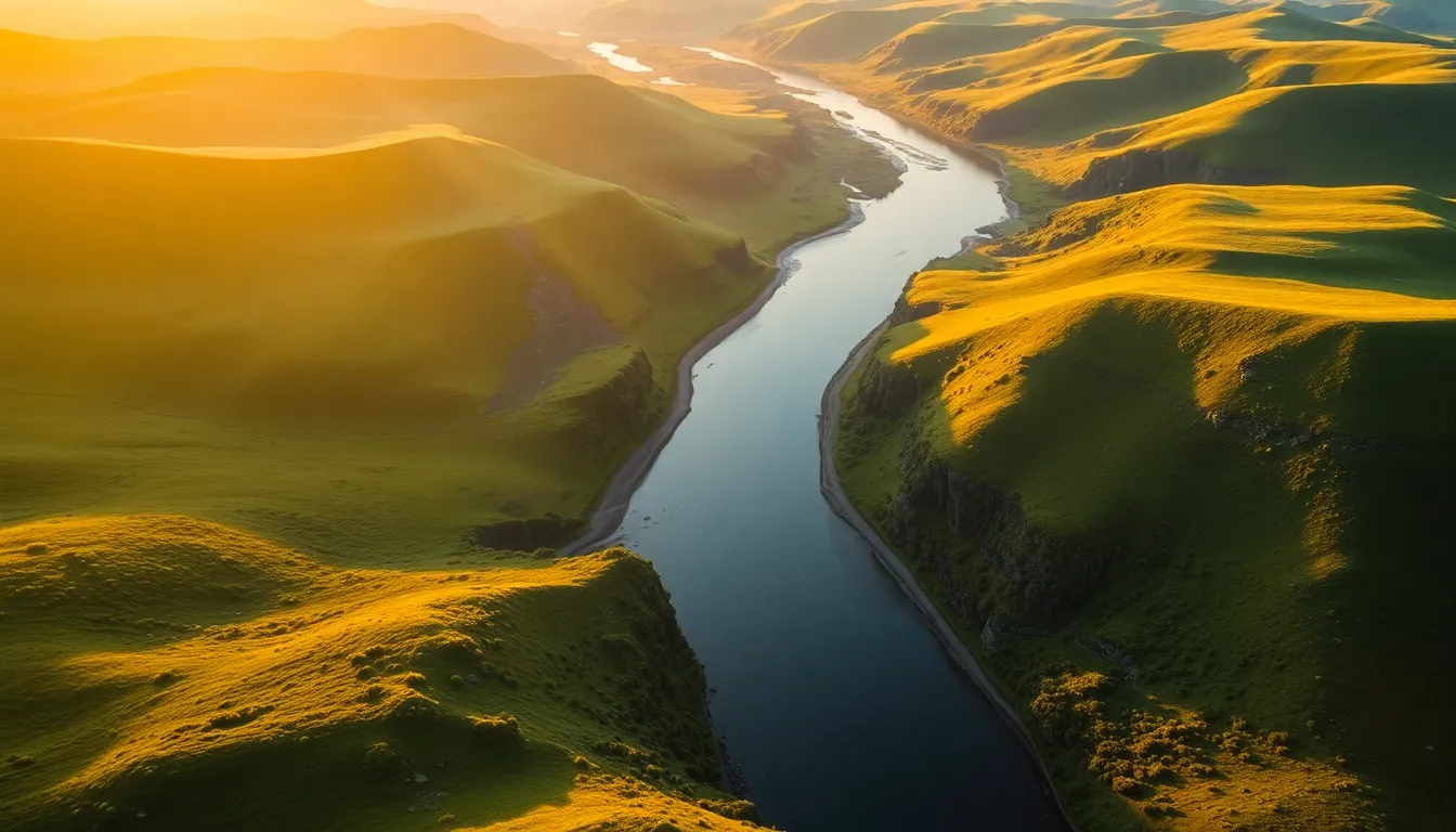 Winding River Through Lush Green Hills