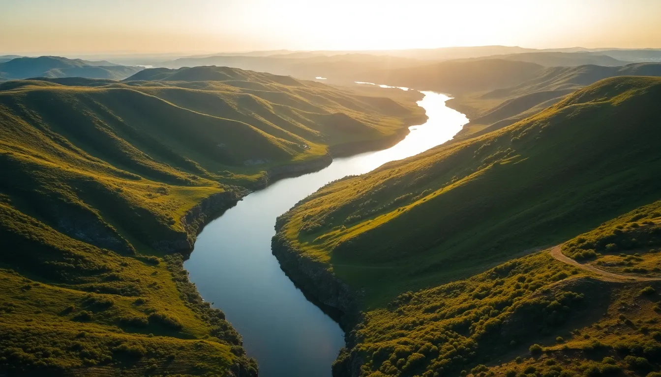 Winding River Through Verdant Hills at Golden Hour