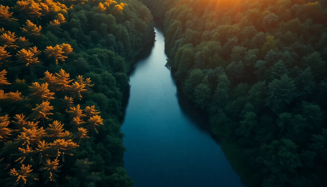 Winding River Through Forest at Sunrise