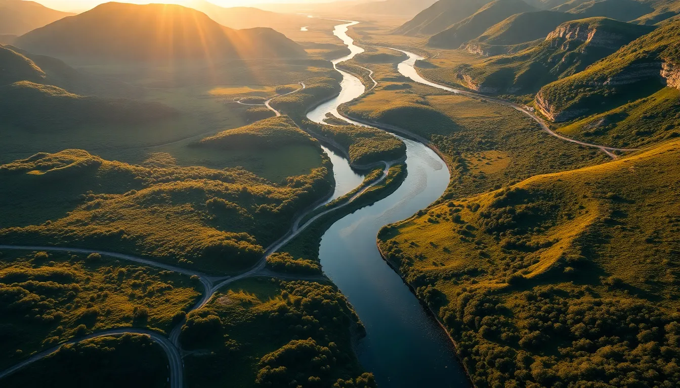 Winding River Through Lush Forest at Sunrise