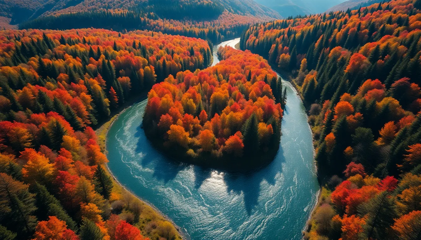 River Winding Through Autumn Forest Aerial View