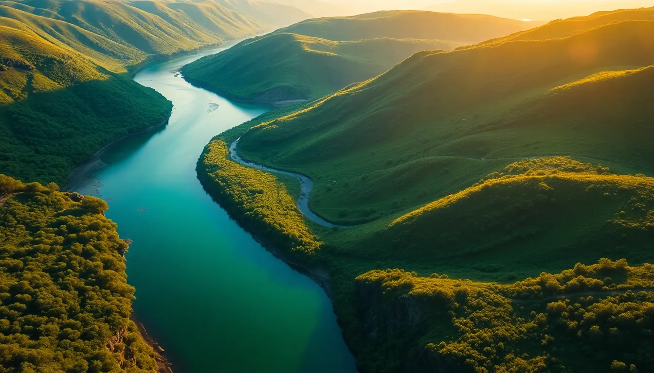 Winding River Through Green Fields
