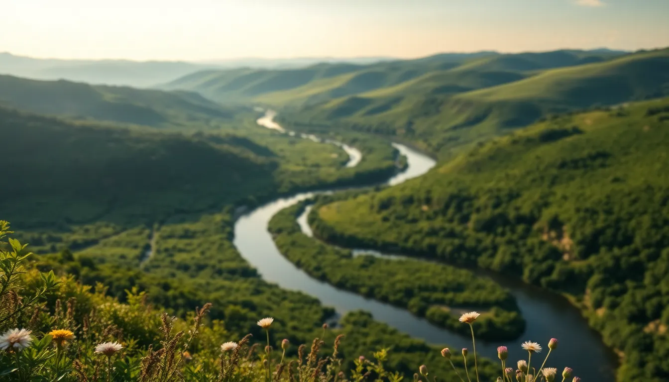 Winding River Through Lush Valley Aerial Shot
