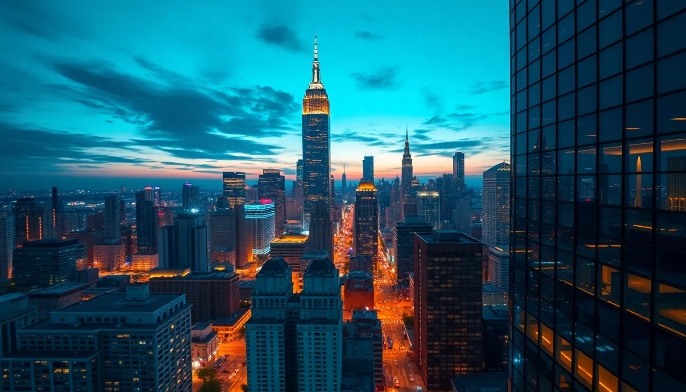 Vibrant Urban Cityscape Aerial View at Dusk