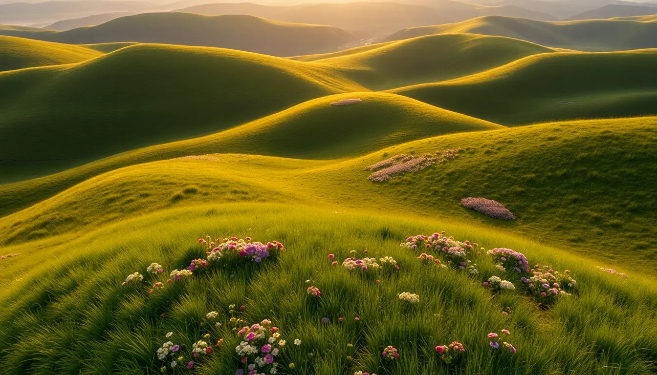 Vibrant Aerial View of Rolling Hills with Wildflowers