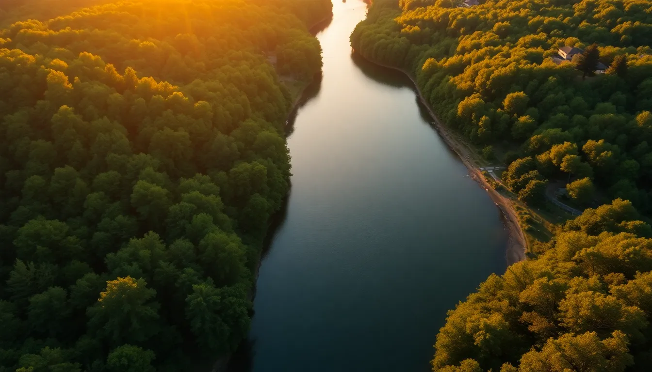 Winding River Through Forest at Golden Hour