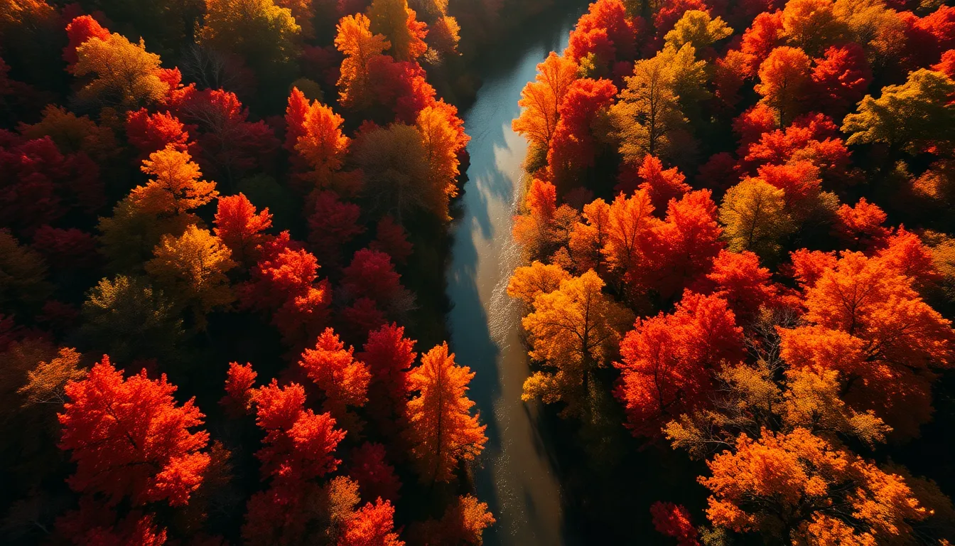 Aerial View of Autumn Forest with River