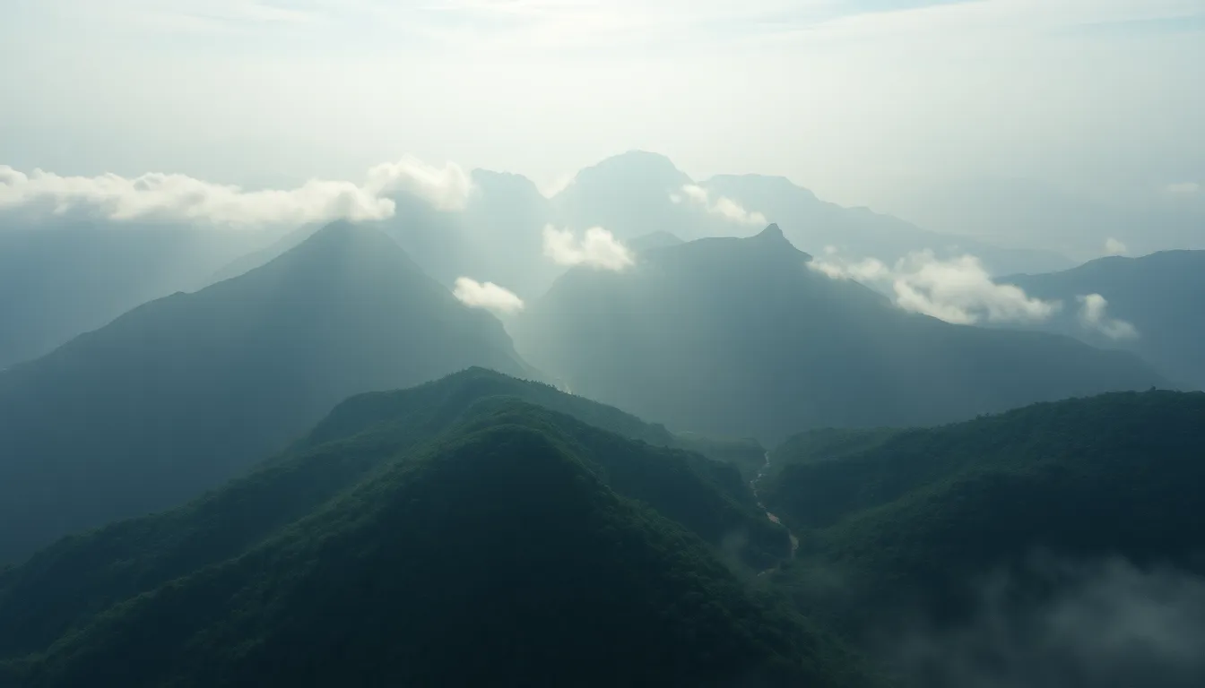 Aerial View of Misty Mountain Range