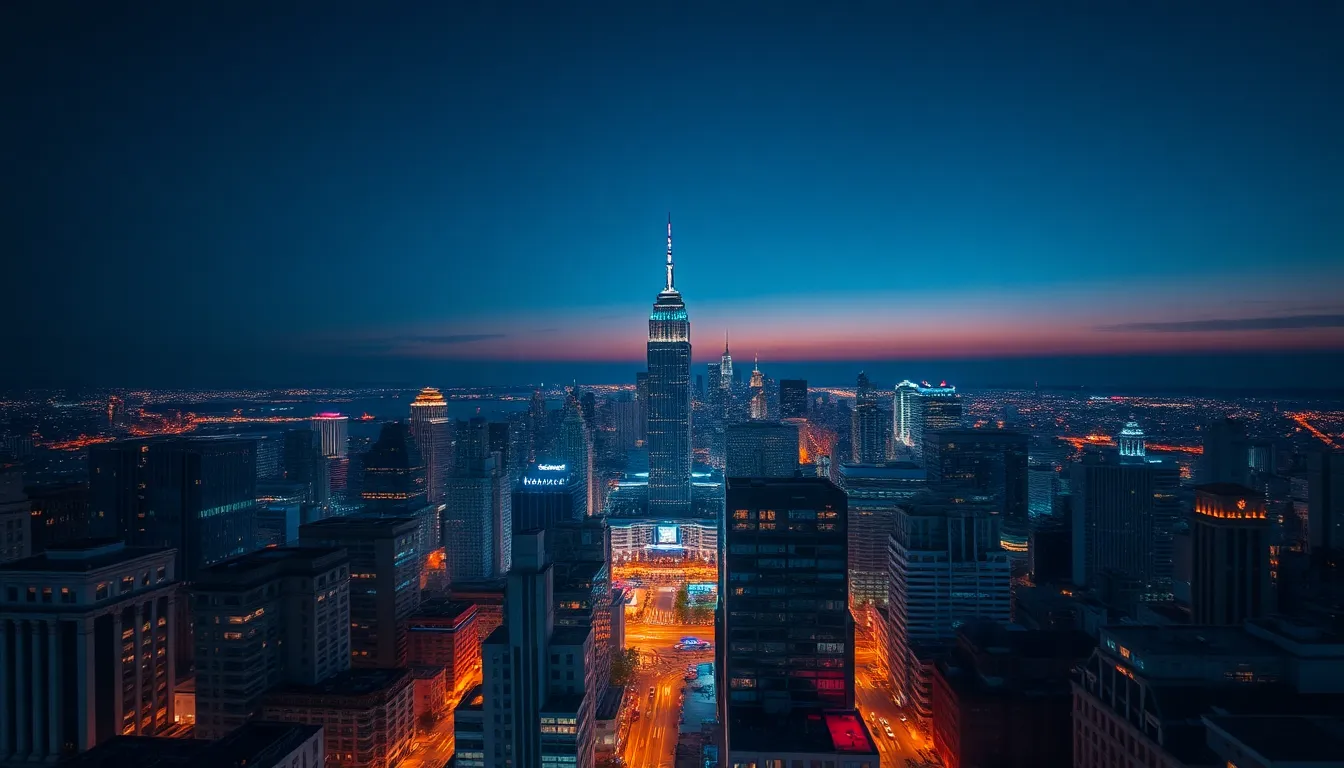 Twilight City Skyline Aerial View