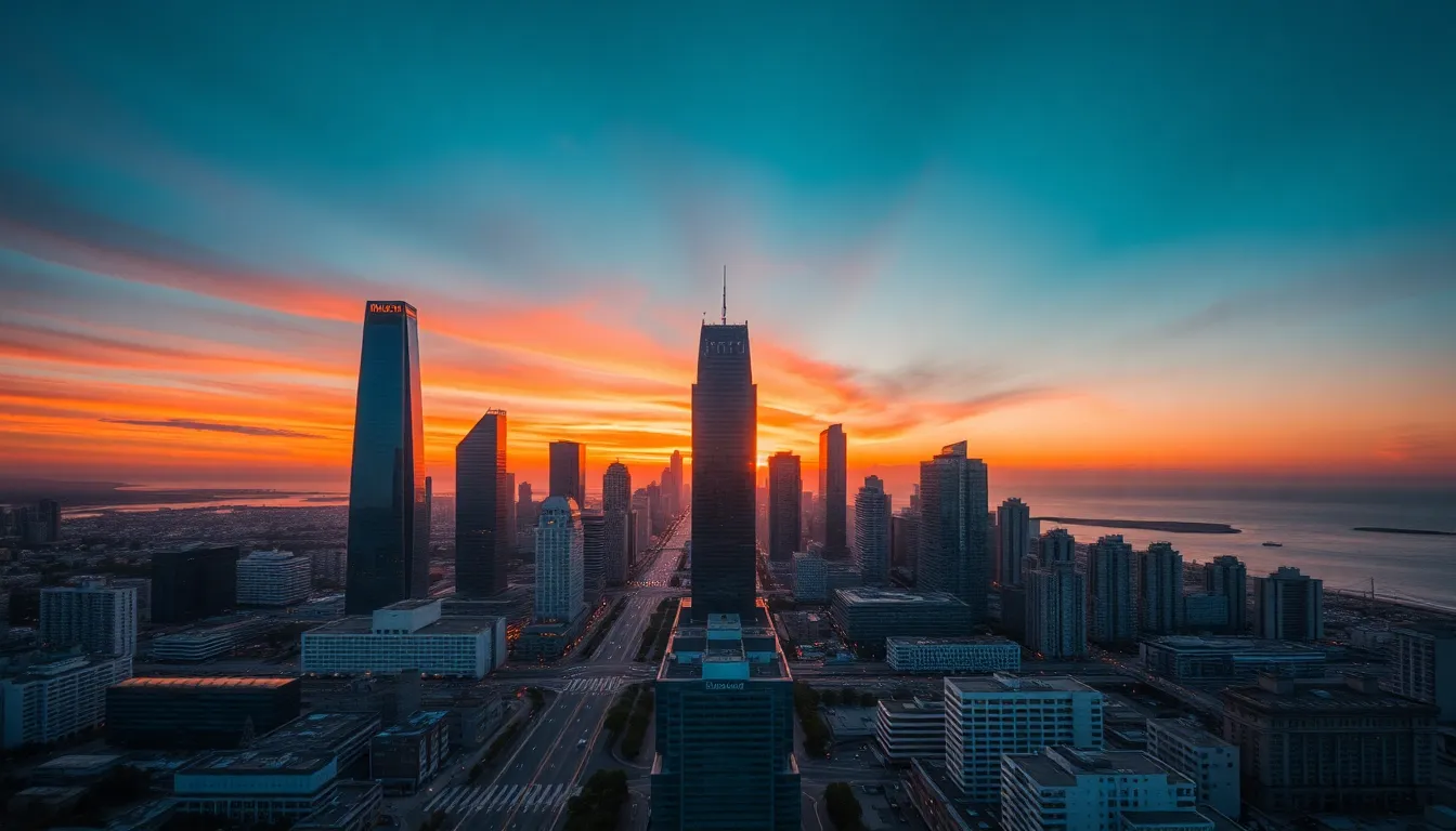 Coastal City Skyline at Sunset