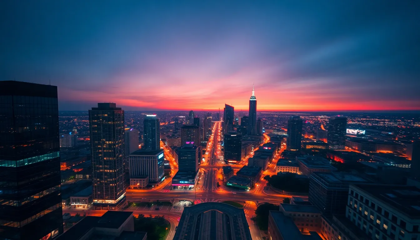 Vibrant Aerial City Skyline at Dusk