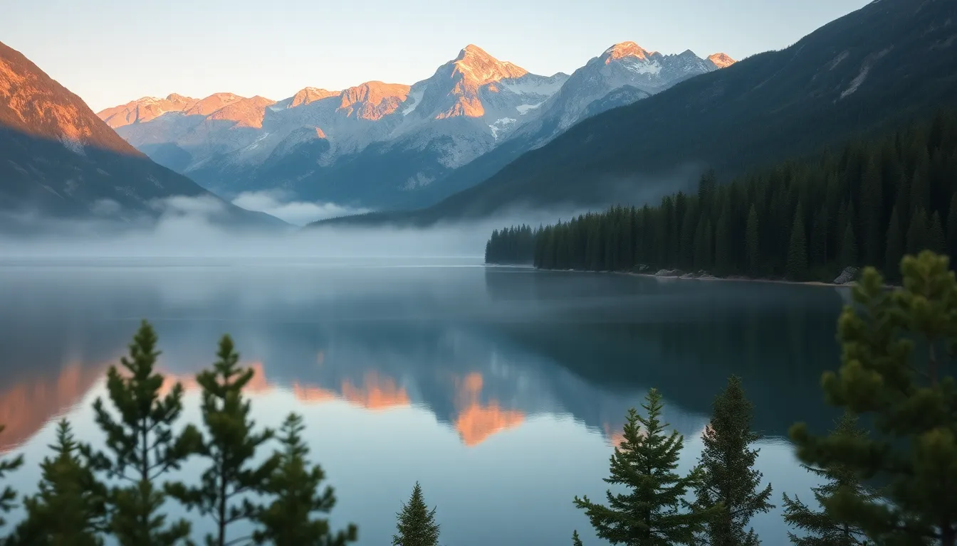 Aerial View of Misty Lake and Mountains