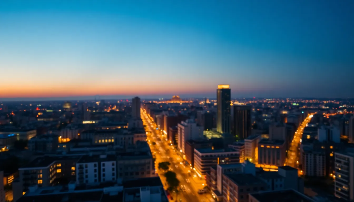Vibrant Aerial View of Cityscape at Twilight