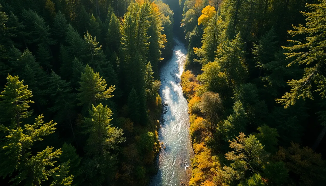 Aerial View of Winding River in Fall Forest