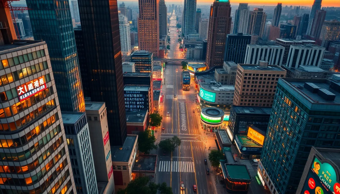 Vibrant Urban Cityscape Aerial View at Dusk