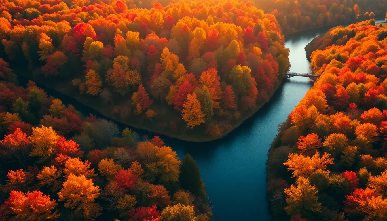 Aerial Autumn Forest with River