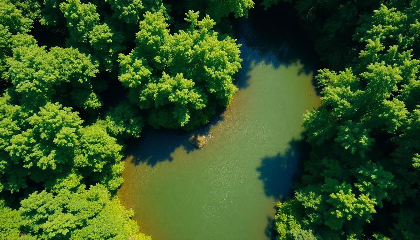 Winding River Through Lush Forest Aerial View