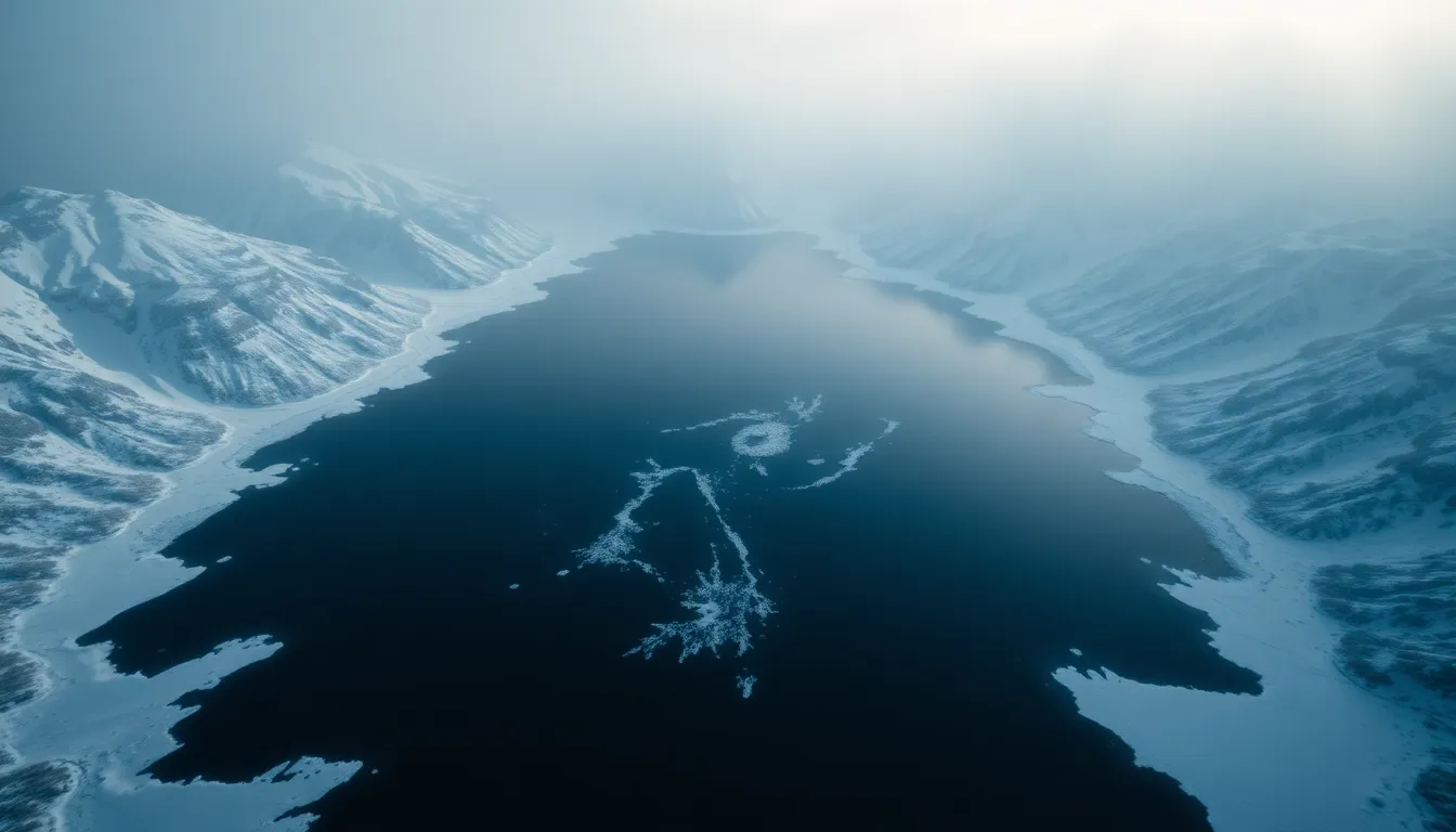 Aerial View of Frozen Lake in Winter