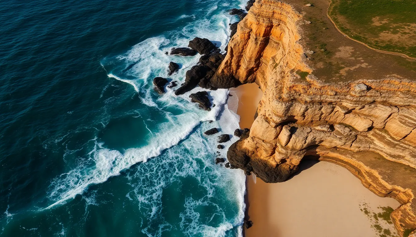 Aerial View of Coastal Cliffs and Waves