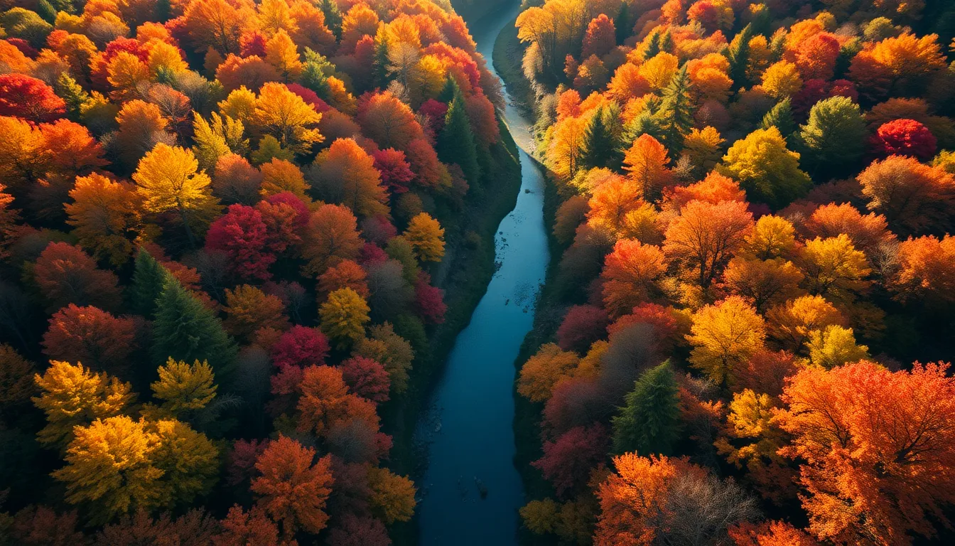 Colorful Aerial View of Autumn Foliage and River