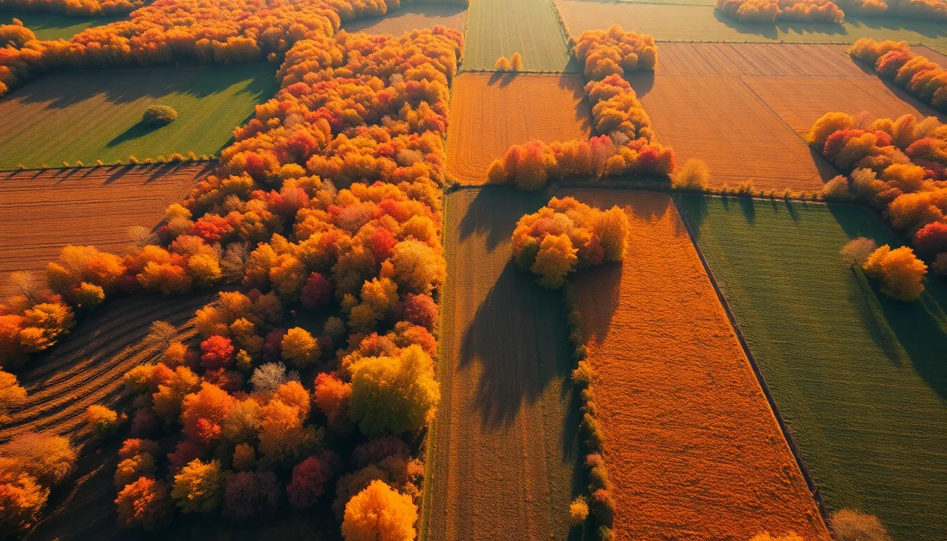 Aerial View of Colorful Autumn Fields