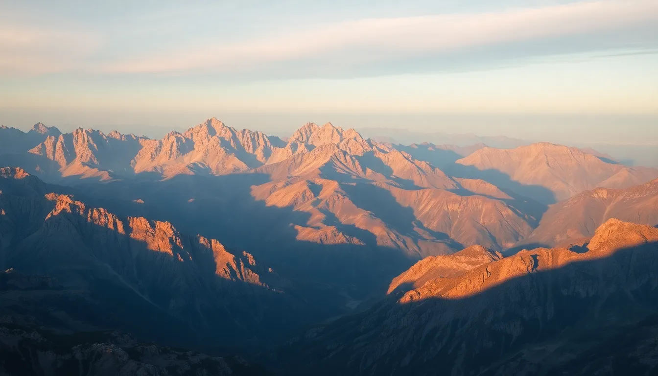 Aerial Sunrise Over Rugged Mountains