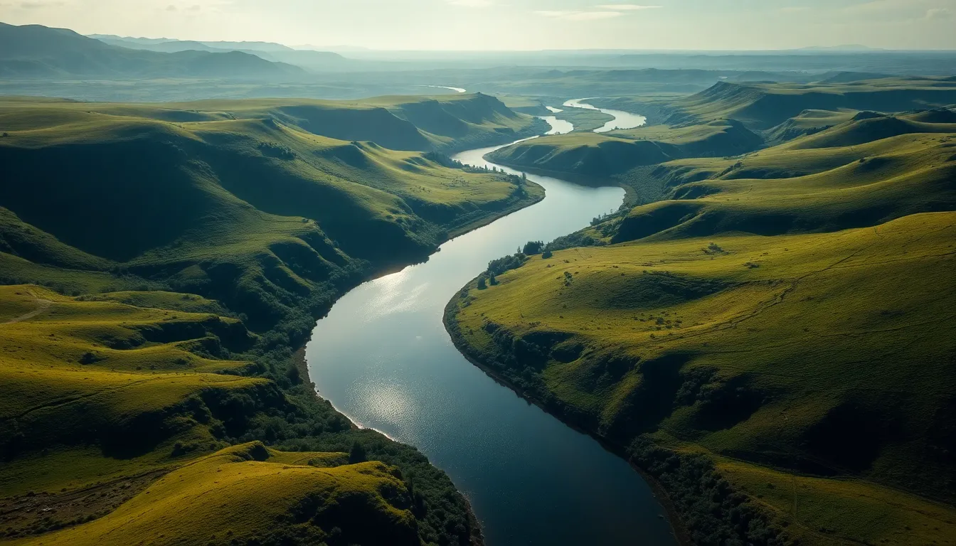 Winding River Through Lush Green Hills