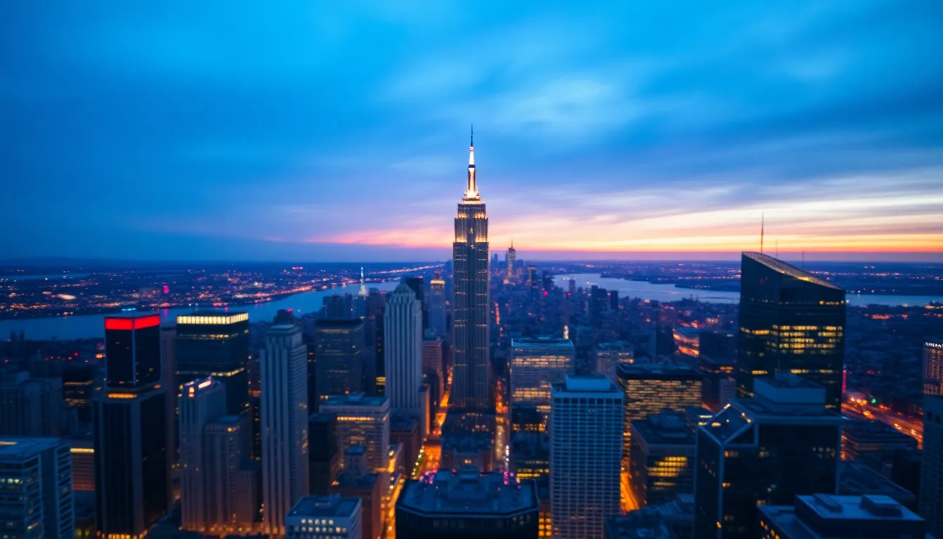 Twilight Aerial View of City Skyline