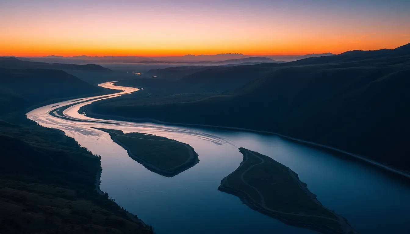 Winding River Through Mountains at Dusk