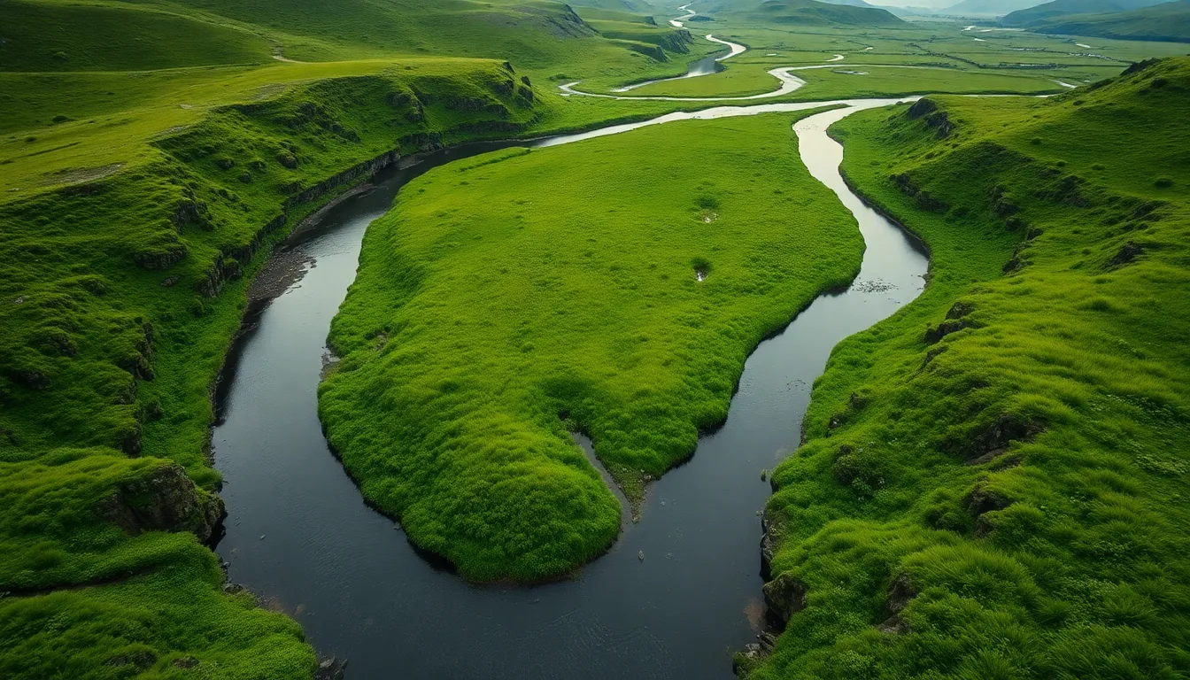 Winding River through Lush Green Valley