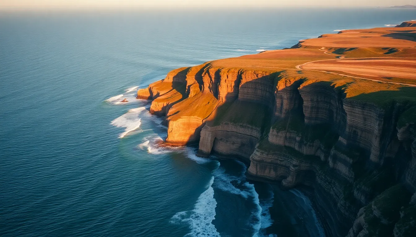 Aerial Sunrise Over Coastal Cliffs