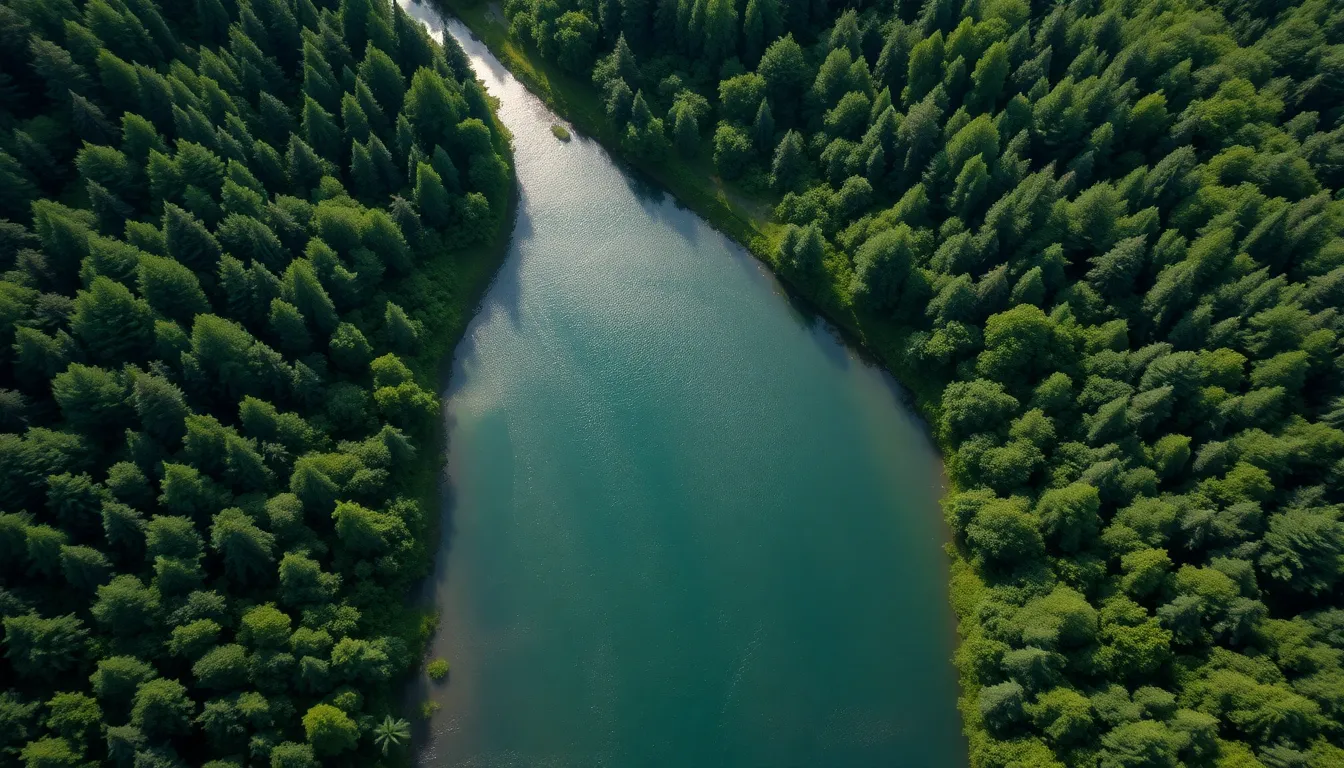 Aerial View of Winding River Through Forest