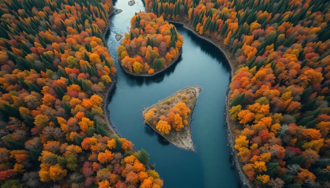 Aerial View of Autumn Forest and River