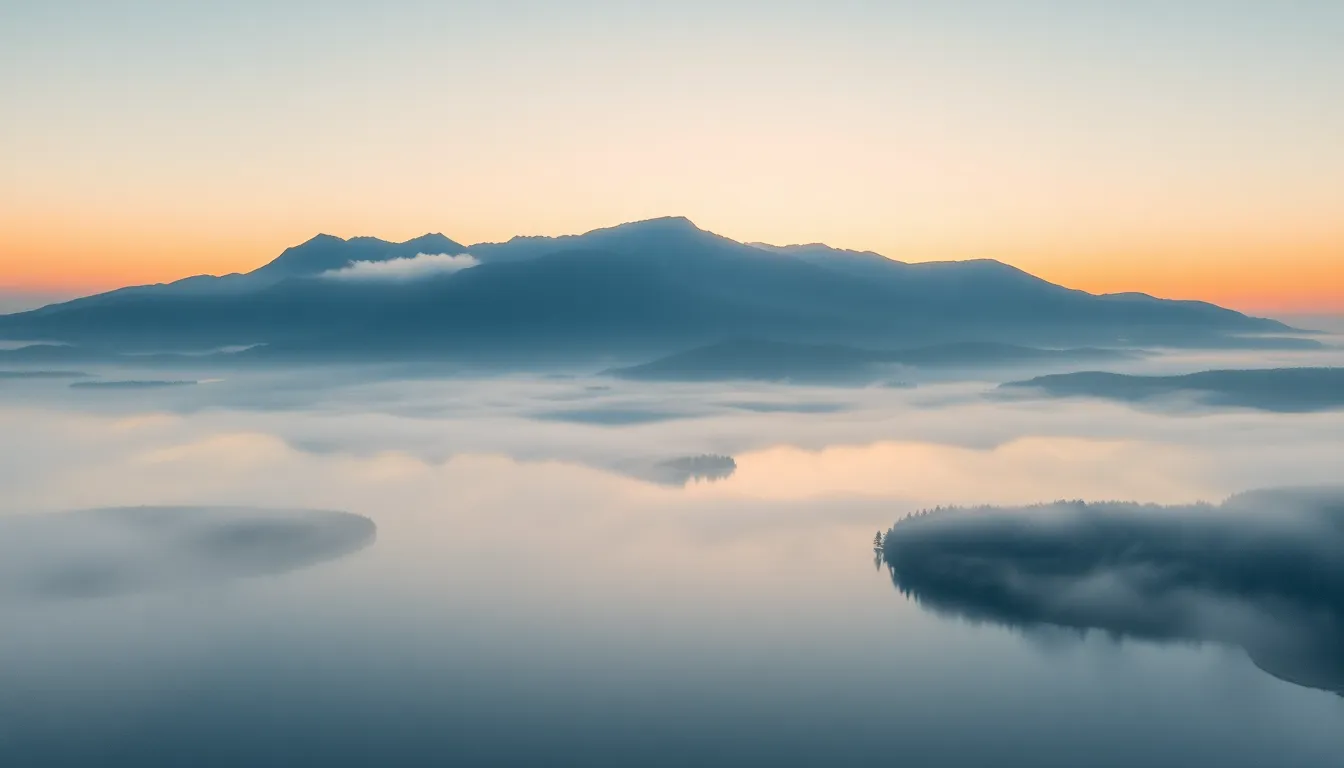 Misty Sunrise Over Serene Mountain Lake