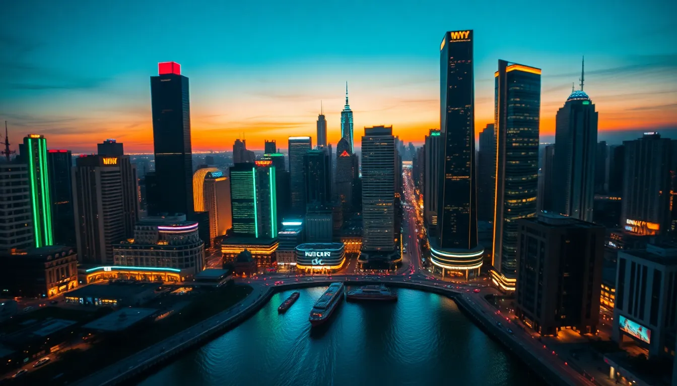 Dusk Aerial Cityscape with Neon Lights