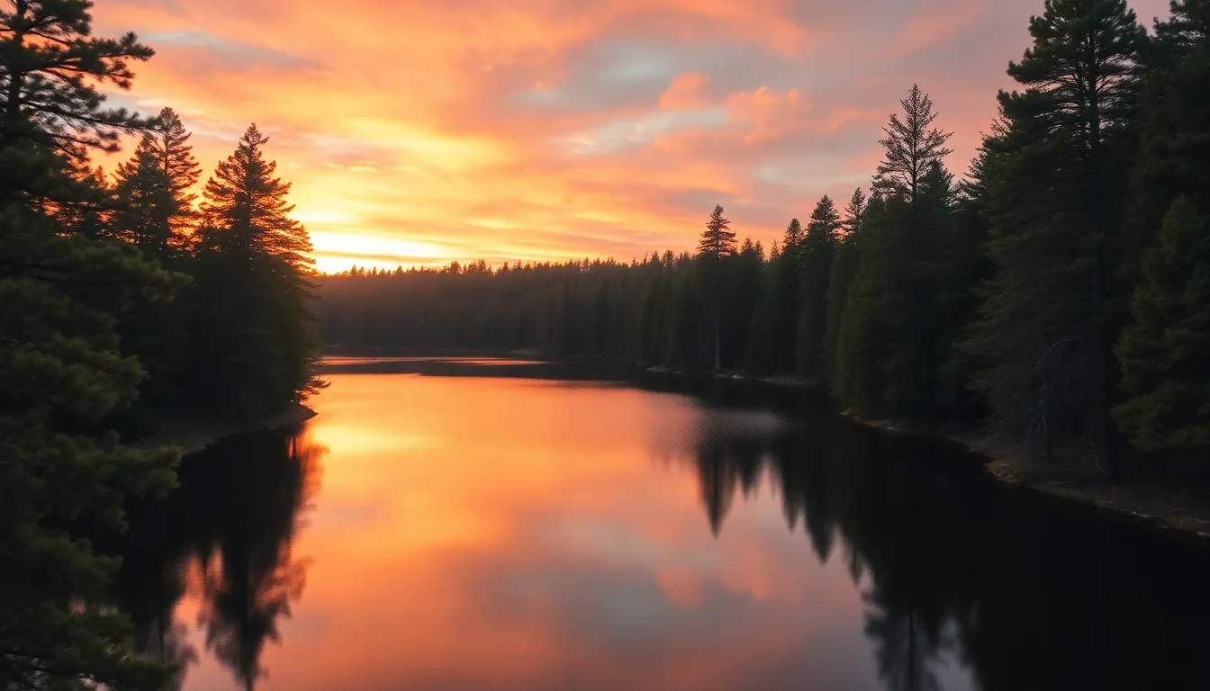 Serene Lake Surrounded by Pine Forests at Sunset