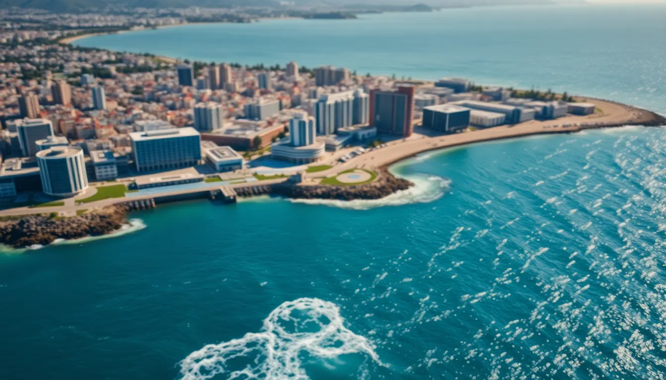 Dynamic Aerial View of Coastal City