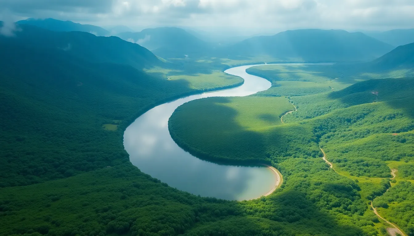 Tranquil Aerial View of Winding River in Valley