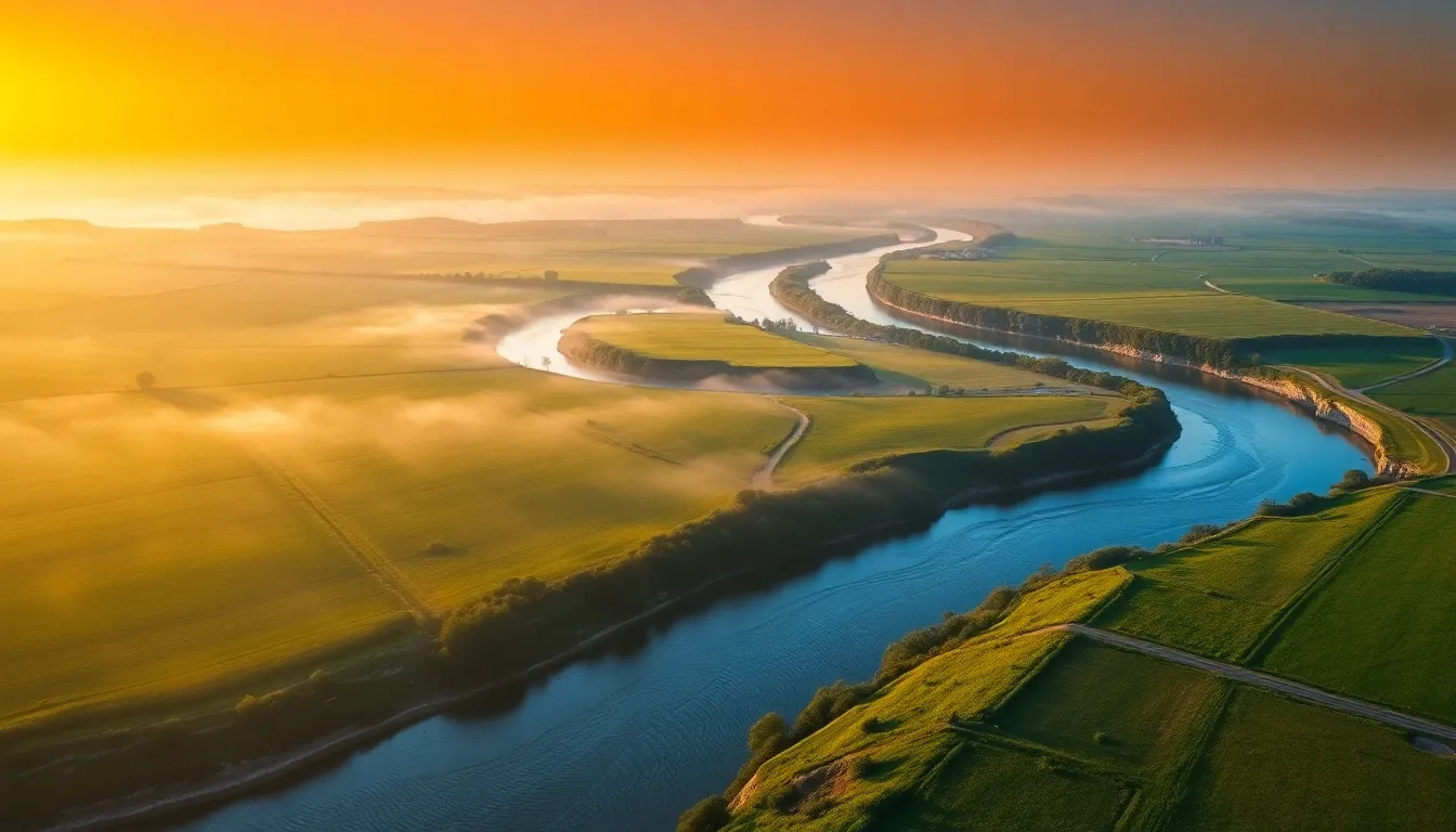 Vibrant Aerial View of River and Mountains
