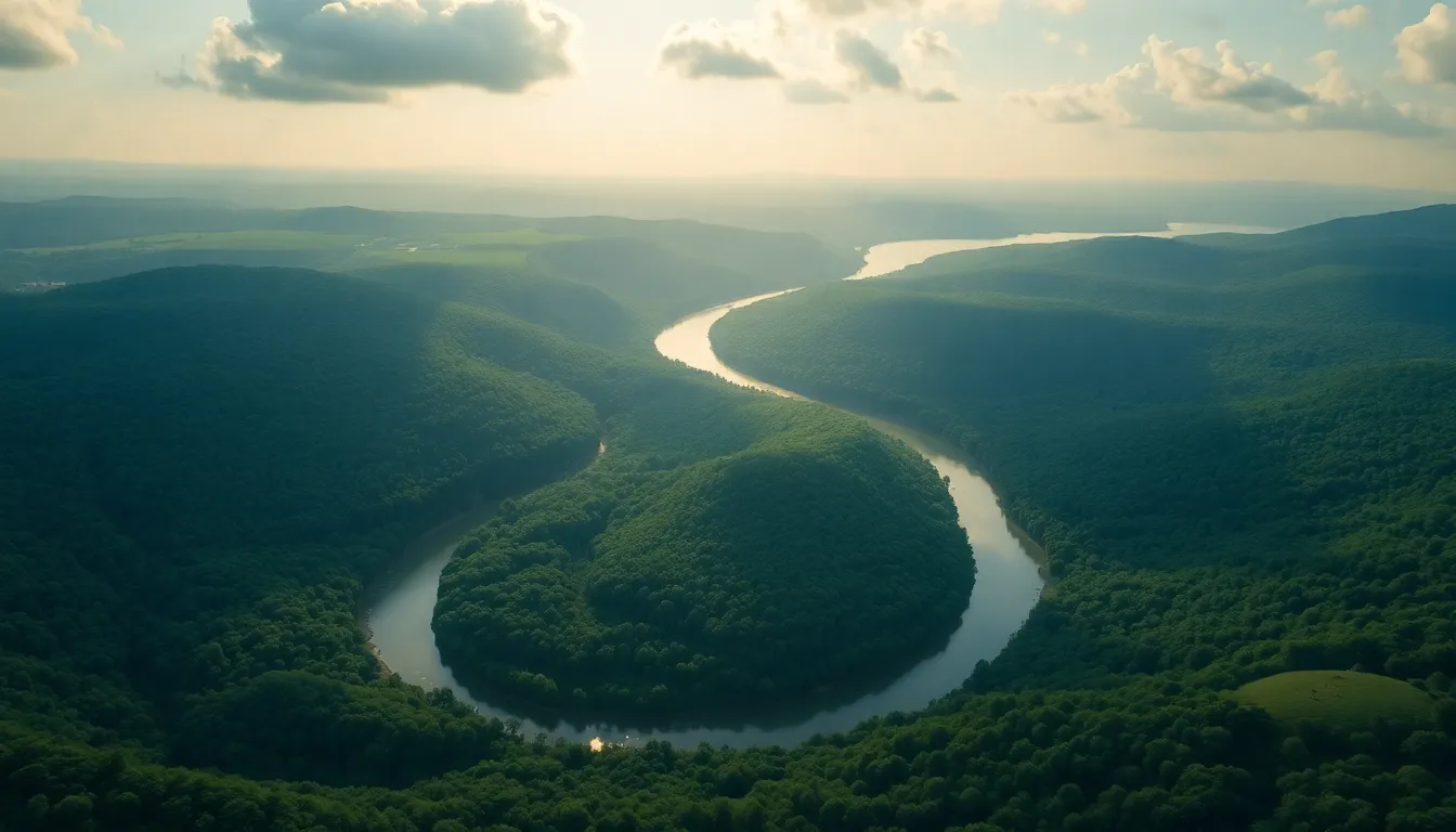 Aerial View of Winding River in Lush Valley
