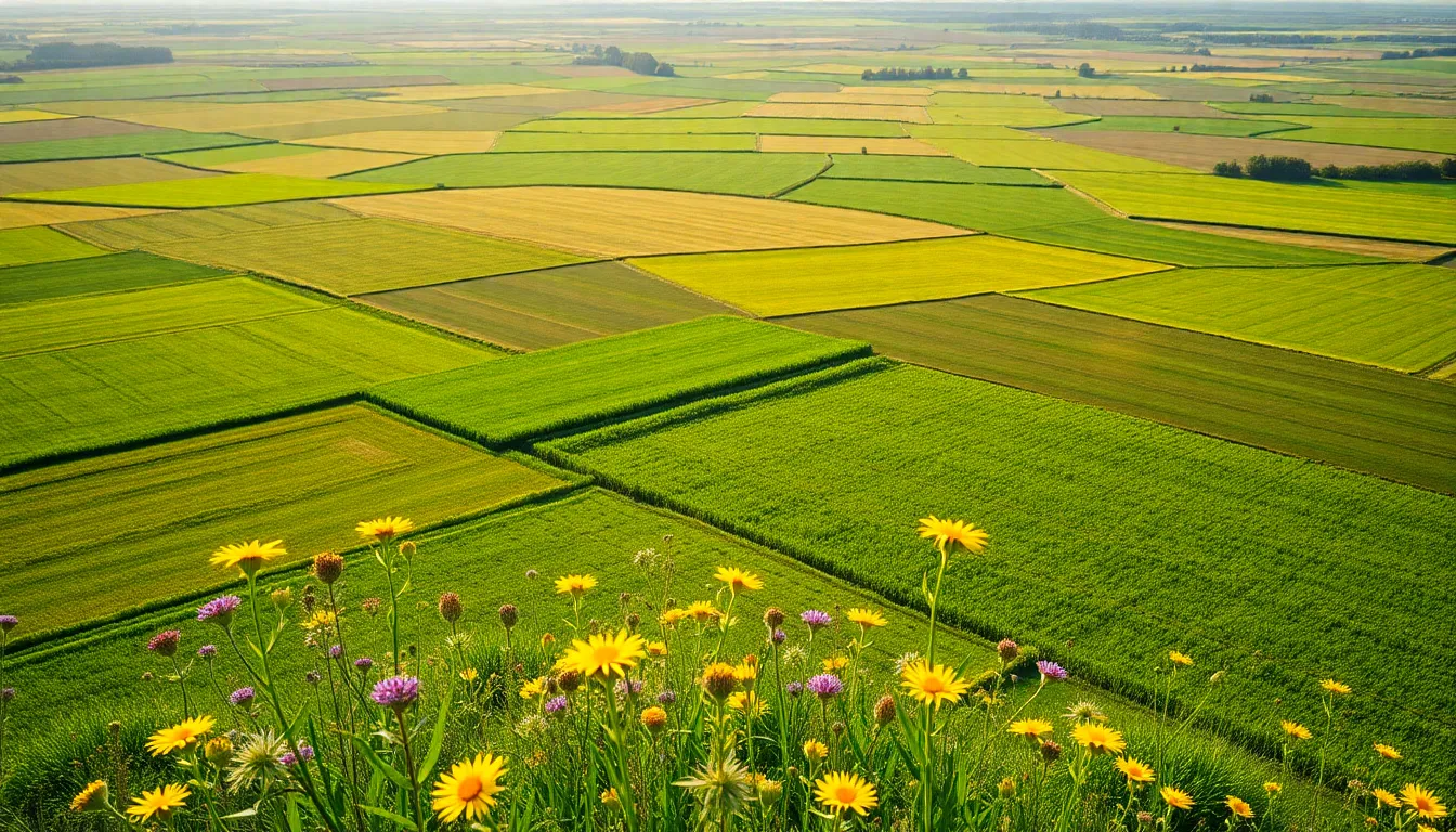 Vibrant Aerial View of Agricultural Fields in Spring