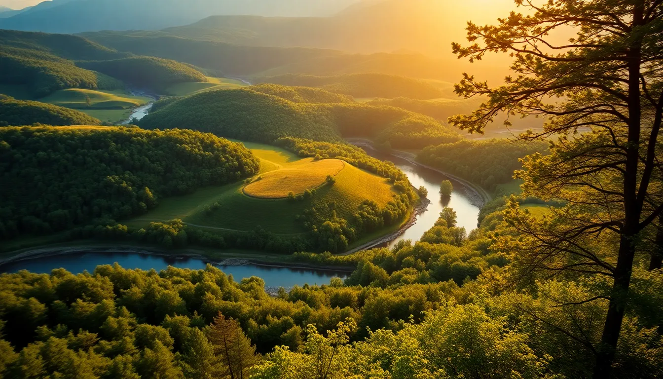 Aerial View of Lush Hills and Winding River