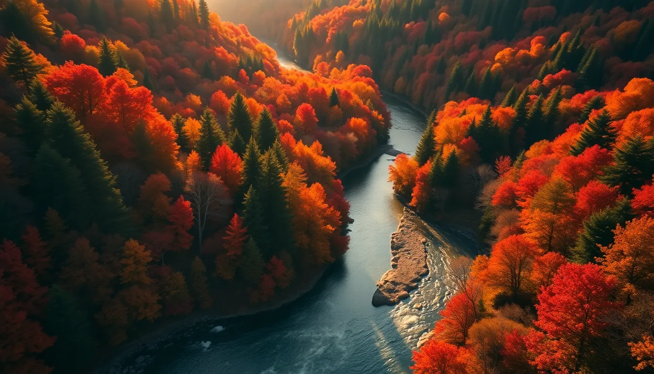 Winding River Through Autumn Forest Aerial View