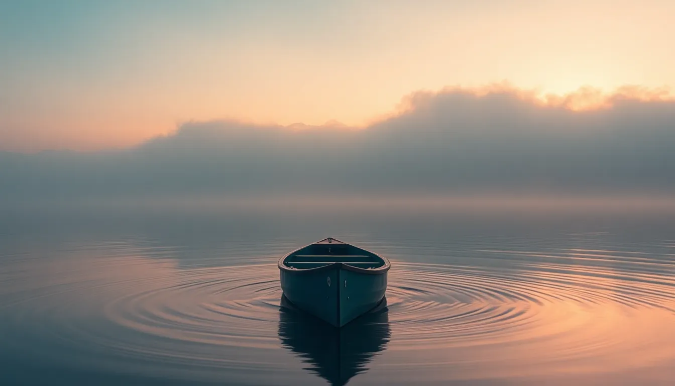 Serene Aerial View of Canoe on Foggy Lake