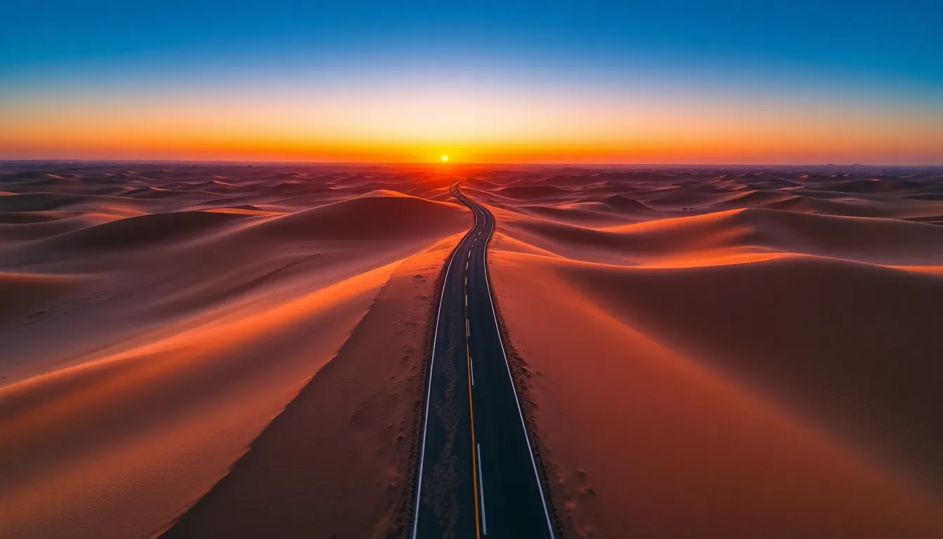 Aerial Desert Road at Sunset