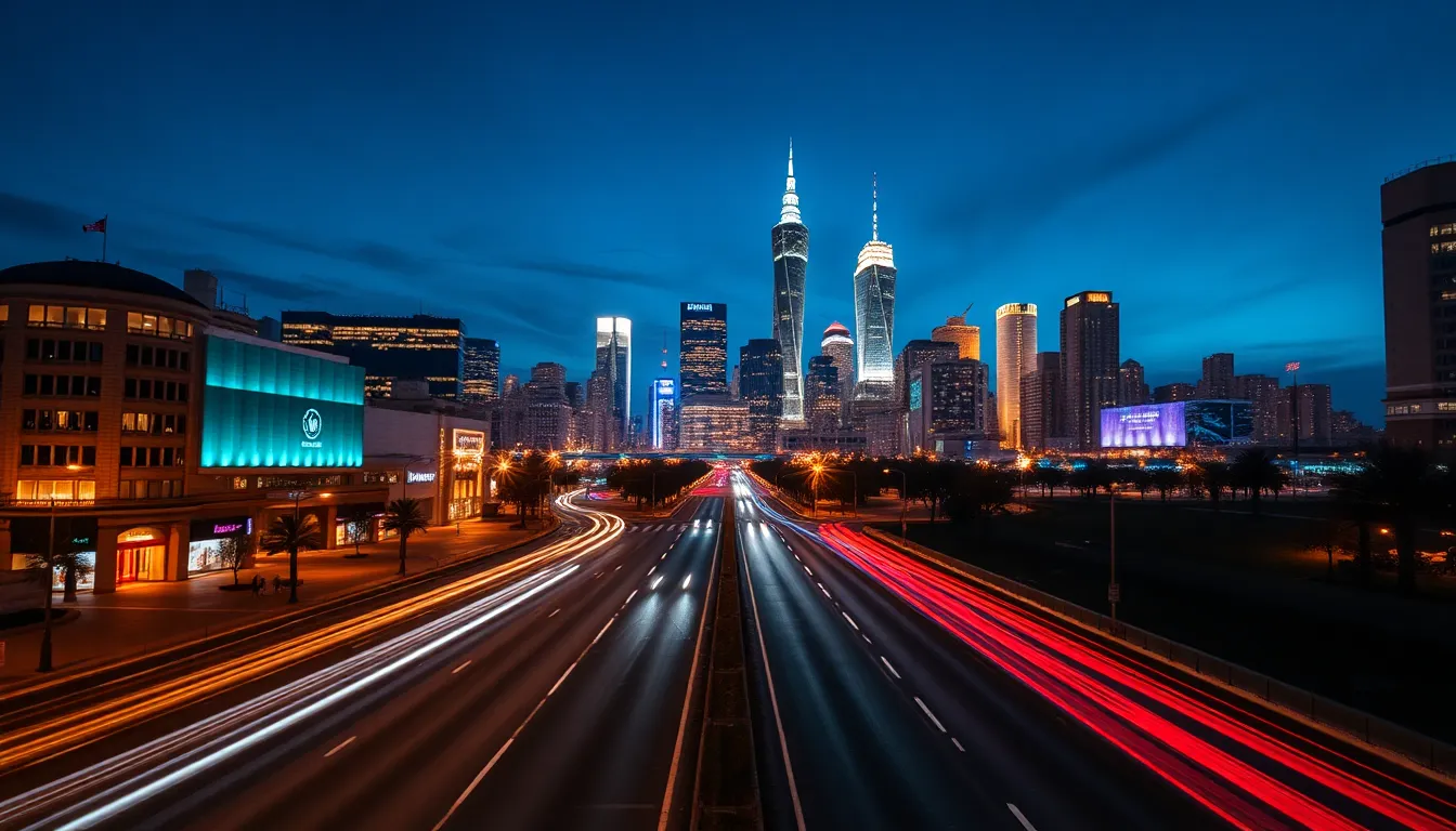 Dynamic Aerial View of City Skyline at Dusk